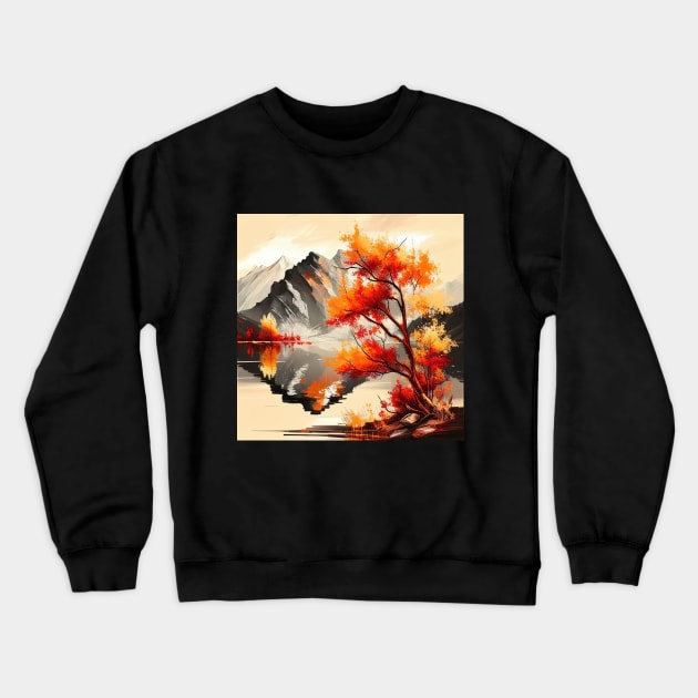 Colorful Autumn Trees with Mountain Lake Crewneck Sweatshirt by The Art Mage